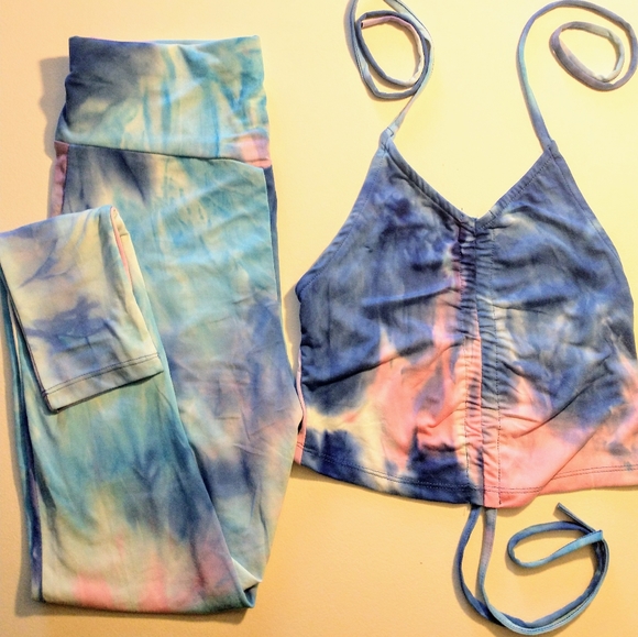 All The Vibes Set/Tie-Dye Ruched Crop Top &Leggings Yoga Set-Active Wear - Picture 4 of 4